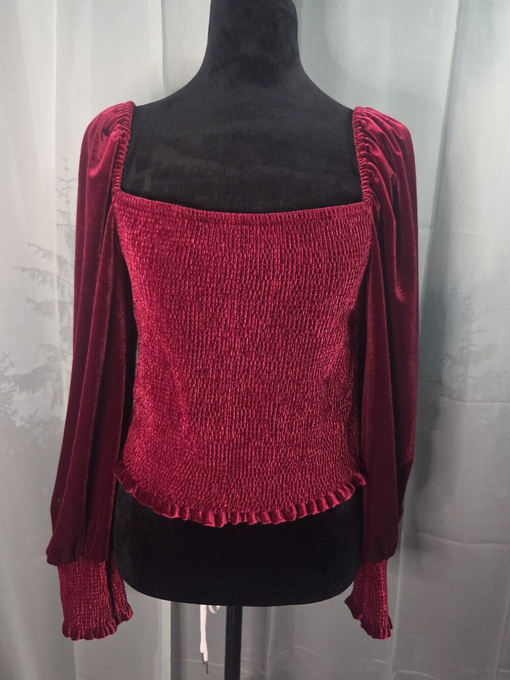 Gianni bini Velvet Smocked Square-Neck Top - Deep Red